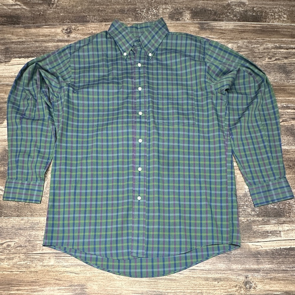 Arrow Dover Plaid Button Down Shirt Mens 15.5 32/33 Green Blue Made in USA - GUC